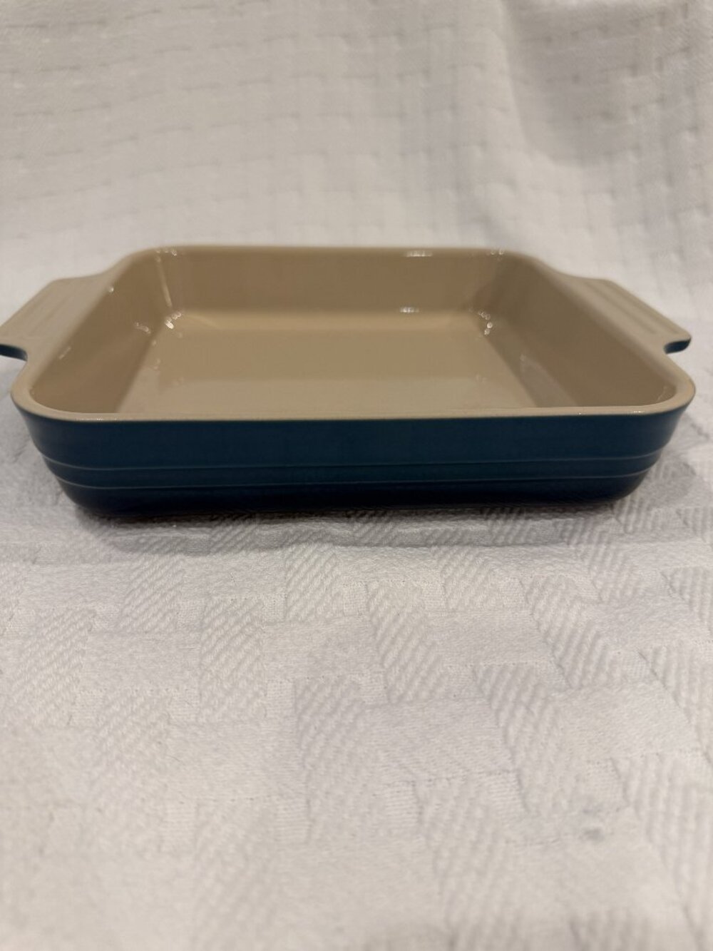 Le Creuset Square Stoneware Baking Dish Deep Blue Teal Cream Interior 11"